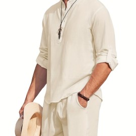 Men's Linen Blend Retro Henley Shirt Long Sleeve T-shirt Tee, Casual Comfy Shirts For Men Spring Summer Autumn, Men's Clothing Tops For Beach Yoga