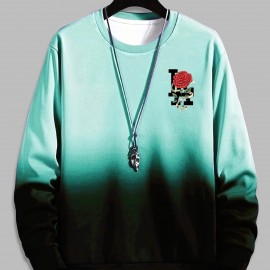 Ombre Trendy Sweatshirt, Men's Casual Retro Rose Graphic Design Slightly Stretch Crew Neck Pullover Sweatshirt For Autumn Winter
