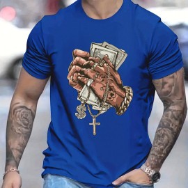 Hands Money Print, Men's T-shirt, Round Neck Short Sleeve Tops, Patterned T-shirt, Men's Summer Wear, Men's Clothing