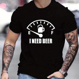 'I Need Beer' Pattern Print Men's Comfy T-shirt, Graphic Tee Men's Summer Outdoor Clothes, Men's Clothing, Tops For Men