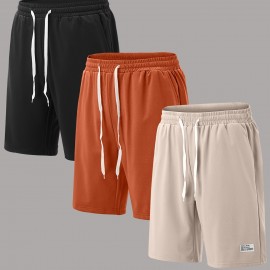 3pcs Classic Design Casual Cotton Slightly Stretch Drawstring Shorts, Men's Shorts For Summer