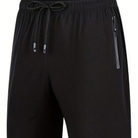 Zipper Pockets Quick Drying Comfy Active Shorts, Men's Casual Stretch Waist Drawstring Shorts For Summer