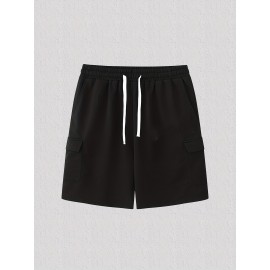 Classic Design Cargo Shorts, Men's Casual Multi Pocket Solid Color Waist Drawstring Cargo Shorts For Summer Outdoor