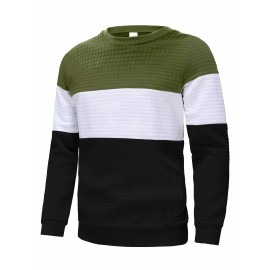 Three Color Block  Trendy Sweatshirt, Men's Casual Classic Design Crew Neck Pullover Sweatshirt For Men Fall Winter