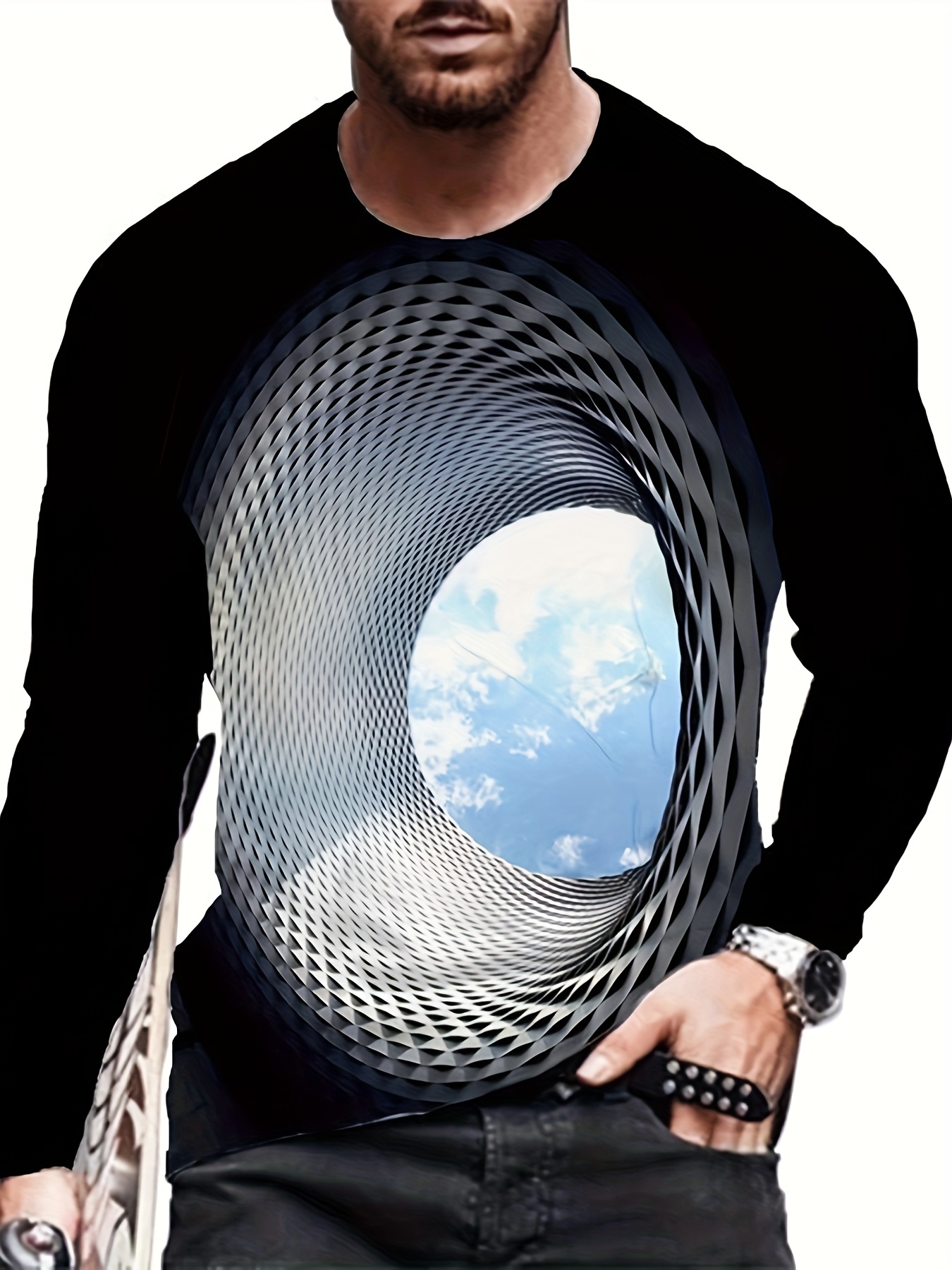 3d geometric print mens trendy graphic long sleeve fit t shirt spring fall details 1